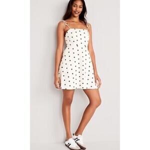 Old Navy Dress Womens Plus 2X Cream‎ Polka Dot Linen Smocked Fit & Flare Dress